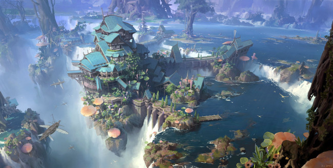 Обои картинки фото фэнтези, иные миры,  иные времена, город, водопад, скалы, деревья