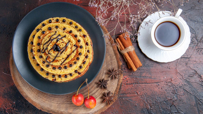 Обои картинки фото еда, блины,  оладьи, блинчики, корица, кофе