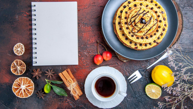 Обои картинки фото еда, блины,  оладьи, блинчики, корица, кофе