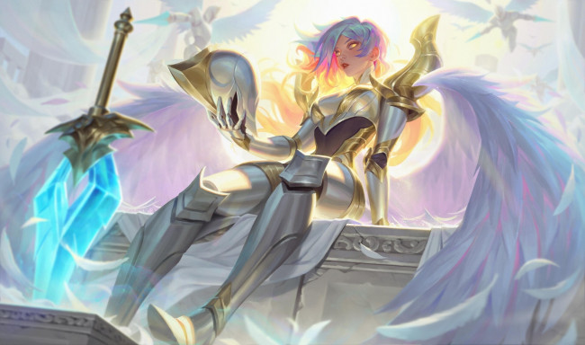 Обои картинки фото видео игры, league of legends, kayle, доспехи, крылья, меч, ангелы
