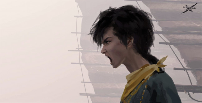 Обои картинки фото фэнтези, _ghost blade ,  призрачный клинок, лицо, крик, паруса, туман