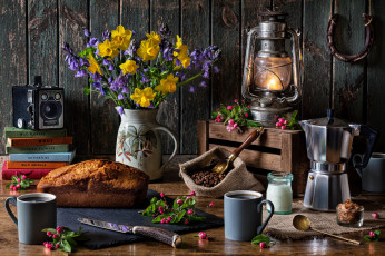 Картинка еда натюрморт фонарь букет кофейник кофе зерна кофейные