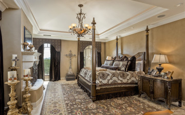 обоя интерьер, спальня, кровать, подушки, камин, свечи