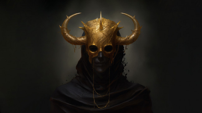 Обои картинки фото фэнтези, демоны, золотая, маска, с, рогами
