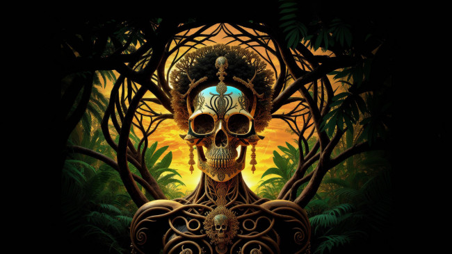 Обои картинки фото фэнтези, нежить, нейросети, графика, нейроарт, ai, art, нейронные, сети, рисунки, нейро, искусство, разукрашенный, череп