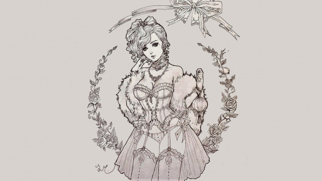 Обои картинки фото рисованное, люди, девушка, белье, цветы, бант