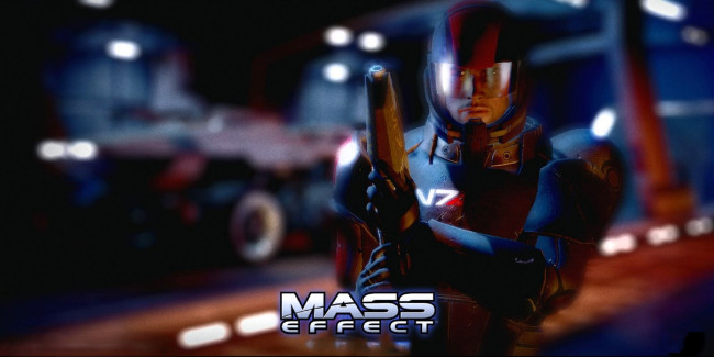 Обои картинки фото видео игры, mass effect, человек, оружие, броня, шлем