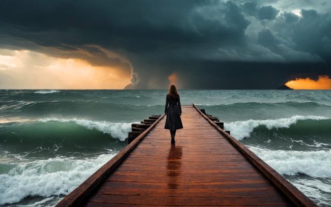 Обои картинки фото 3д графика, люди , people, девушка, причал, море, шторм, тучи
