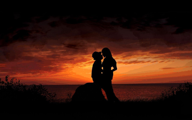 Обои картинки фото разное, компьютерный дизайн, пара, любовь, закат, море, силуэты