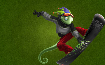 Картинка хамелеон 3д графика animals животные chameleon сноуборд зеленый фон