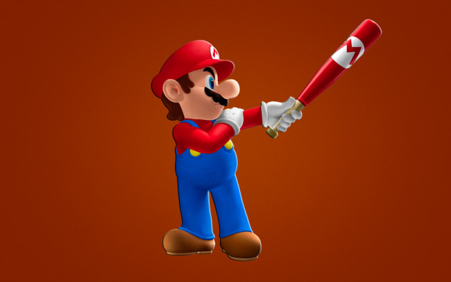 Обои картинки фото марио, видео, игры, mario, superstar, baseball, бита, красный, фон
