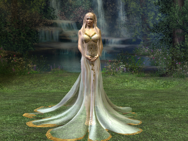 Обои картинки фото 3д графика, люди , people, девушка, взгляд, платье, водопад