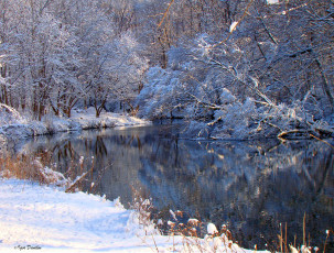 Картинка природа зима река деревья снег