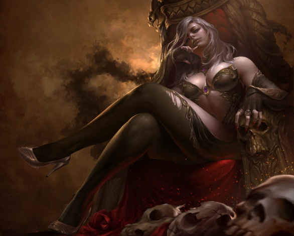 Обои картинки фото фэнтези, девушки, фэнтази, девушка, эротика, арт, поза, черепа, трон