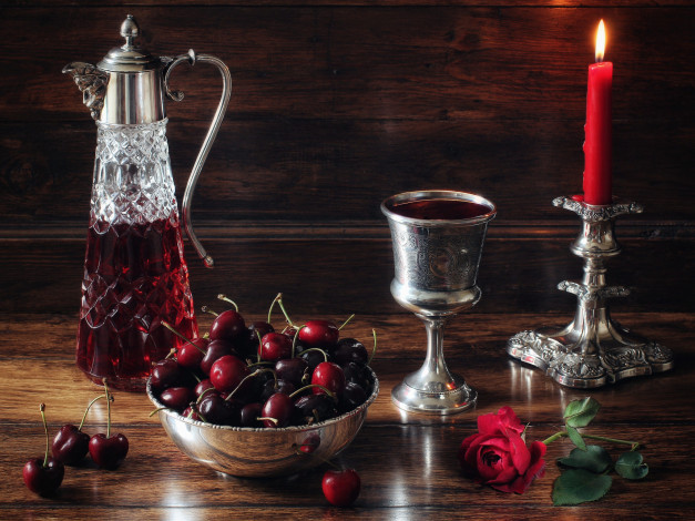 Обои картинки фото еда, натюрморт, свеча, вино, ягоды