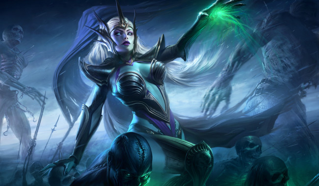 Обои картинки фото фэнтези, демоны, магия, некромант, скелеты, мертвецы, броня, эротика, взгляд