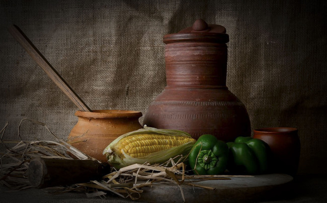 Обои картинки фото еда, натюрморт, початок, перец, крынка