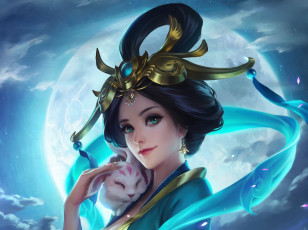 Картинка фэнтези девушки девушка арт улыбка прическа кимоно настроение зверек гейша