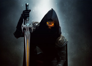 Картинка фэнтези нежить капюшон фон арт маска взгляд меч