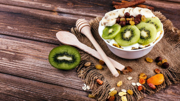 Картинка еда мюсли +хлопья банан киви изюм