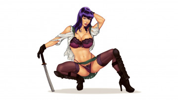 Картинка рисованное комиксы меч взгляд чулки девушка фон