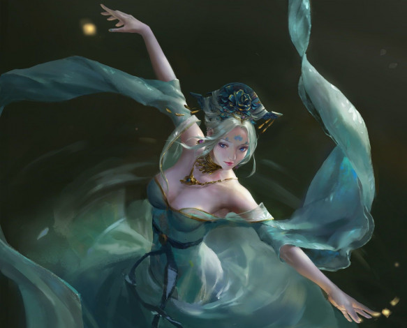 Обои картинки фото фэнтези, девушки, украшения, девушка, арт, танец, платье, взгляд