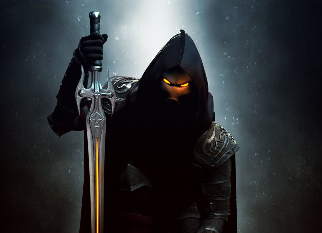 Обои картинки фото фэнтези, нежить, капюшон, фон, арт, маска, взгляд, меч