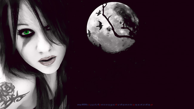 Обои картинки фото календари, фэнтези, 2019, calendar, птица, женщина, взгляд, тату, девушка