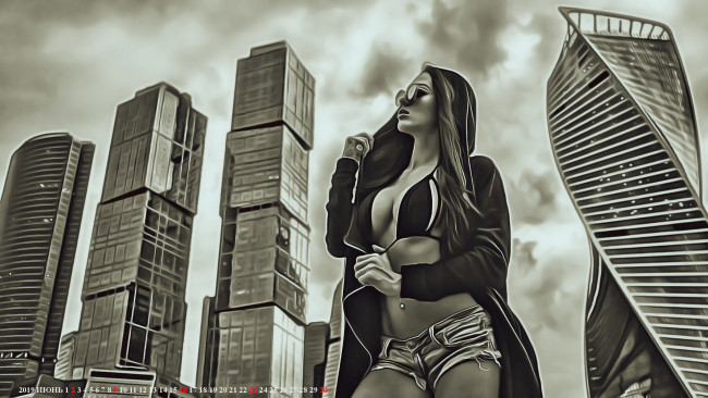 Обои картинки фото календари, компьютерный дизайн, небоскреб, calendar, город, женщина, шорты, 2019, очки, девушка, здание