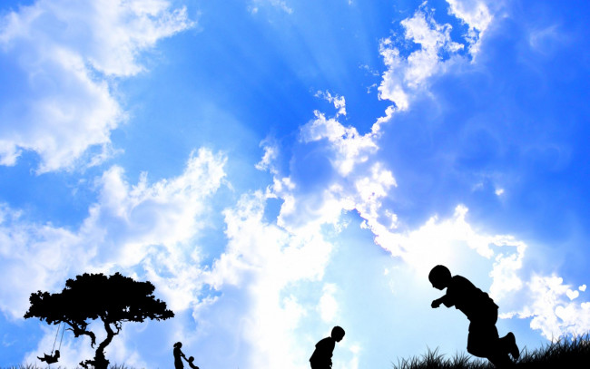 Обои картинки фото векторная графика, дети , children, силуэты, дерево, облака, небо, дети
