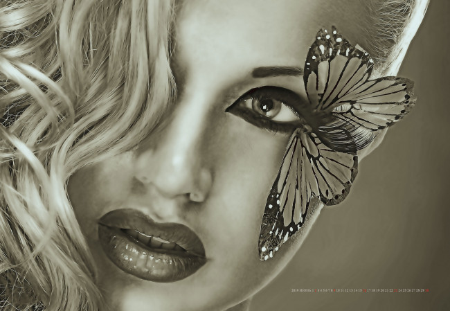 Обои картинки фото календари, компьютерный дизайн, лицо, calendar, 2019, бабочка, женщина, девушка