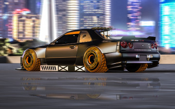 обоя nissan skyline gt-r r34, автомобили, 3д, nissan, skyline, gtr, r34, godzilla, годзилла, japan, японская, legend, легенда