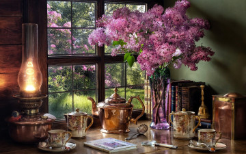 Картинка еда натюрморт сирень букет лампа чайный сервиз