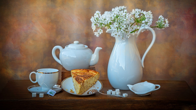 Обои картинки фото еда, натюрморт, сахар, чай, букет, пирог