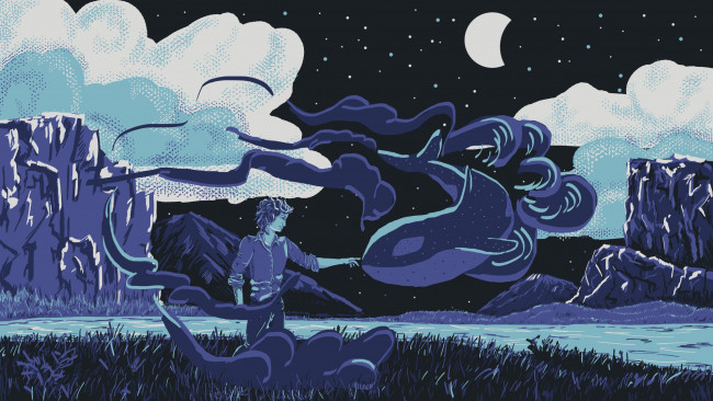 Обои картинки фото векторная графика, люди , people, парень, кит, ночь, природа