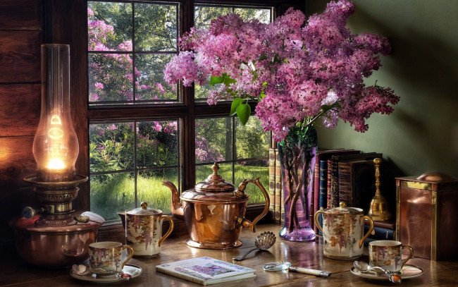Обои картинки фото еда, натюрморт, сирень, букет, лампа, чайный, сервиз