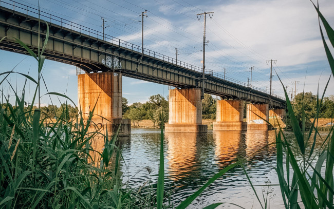 Обои картинки фото города, - мосты, река, мост, камыши