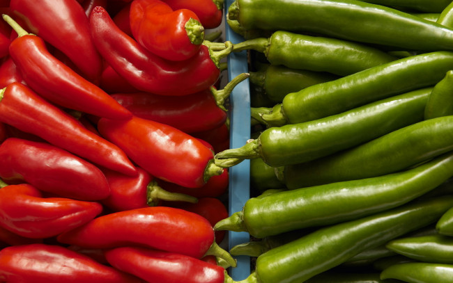Обои картинки фото еда, перец, стручки, красный, зеленый