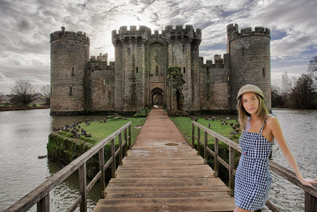 Обои картинки фото девушки, katya clover , катя скаредина, замок, вода, платье