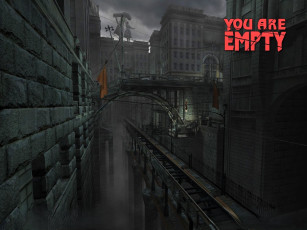 обоя видео игры, you are empty, город, статуя, мост, флаг, дома, здания, туман