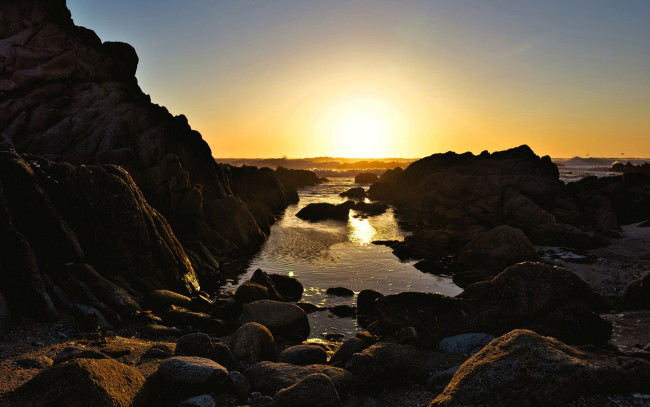 Обои картинки фото природа, восходы, закаты, скалы, камни, море, берег, закат