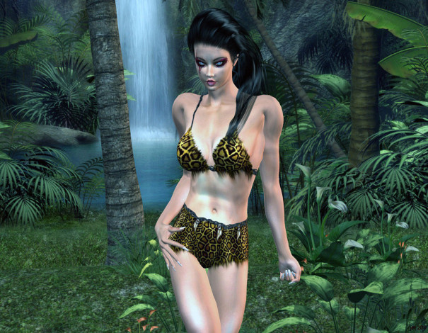 Обои картинки фото 3д, графика, people, люди, водопад, пальмы, девушка