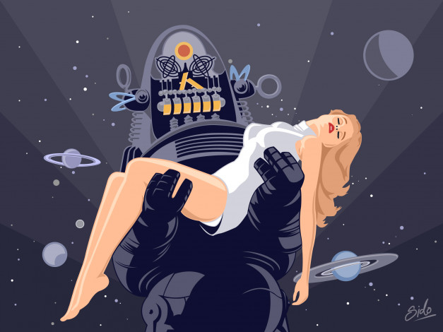 Обои картинки фото векторная, графика, девушка, планеты, робот, космос