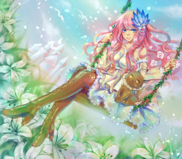 Картинка аниме vocaloid вокалоид котенок цветы кошка качели улыбка настроение девушка megurine luka tandolcedeco art