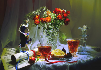 Картинка еда натюрморт чай ноты розы статуэтка