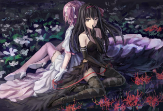 Картинка by+minestar аниме mahou+shoujo+madoka+magika нить цветы поляна девушки akuma homura goddess madoka kaname akemi секрет бант платье