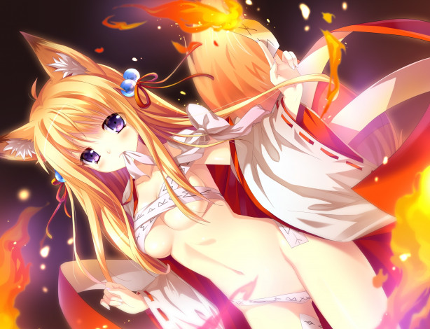 Обои картинки фото аниме, -animals & creatures, магия, хвост, ушки, грудь, удивление, взгляд, девушка, shoufukucho, art, огонь