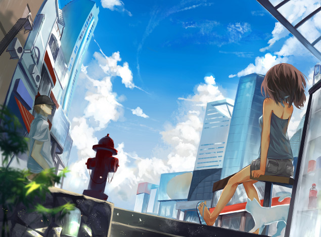 Обои картинки фото аниме, *unknown , другое, девушка, арт, кот, облака, город, дома, небо, школьница, ghostas