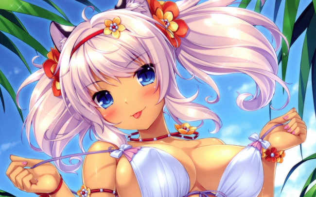 Обои картинки фото аниме, -animals & creatures, грудь, бикини, ушки, язык