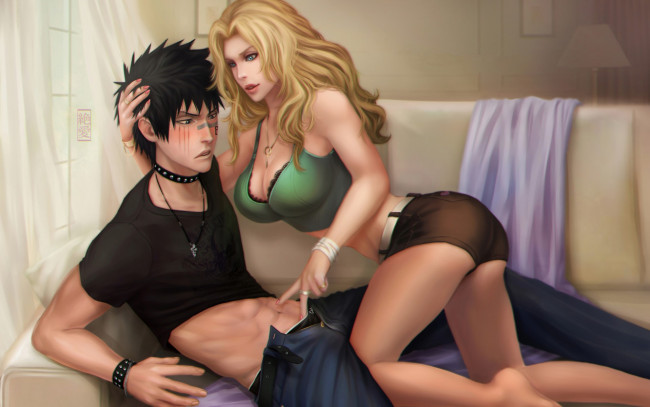 Обои картинки фото аниме, bleach, hisagi, shuuhei, парень, matsumoto, rangiku, девушка, art, zetsuai89, объятья, диван, блич, грудь, смущение